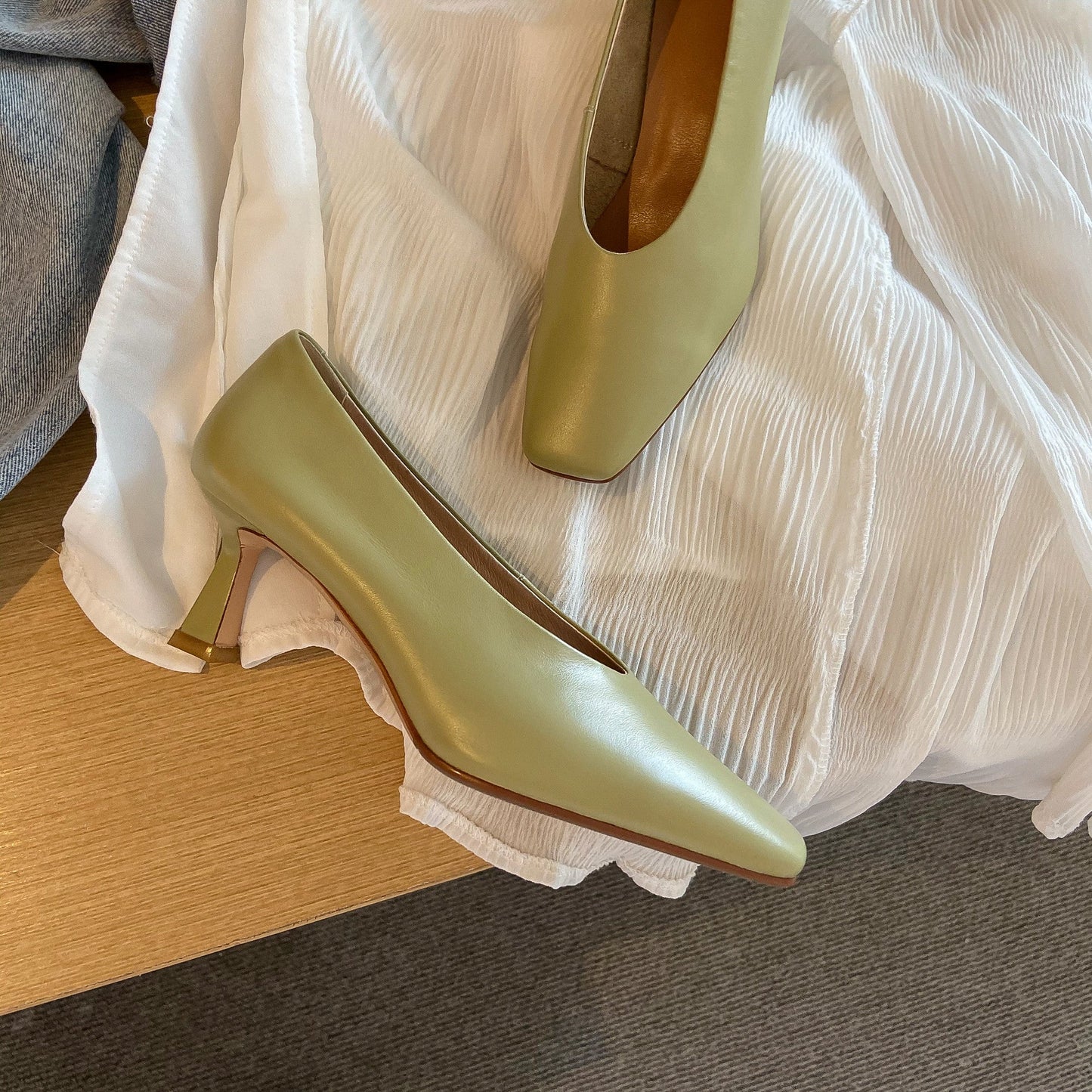 Nine Seven Women's Handmade Genuine Leather Square Toe Stiletto Mid Heels Slip On Stylish Pumps Shoes