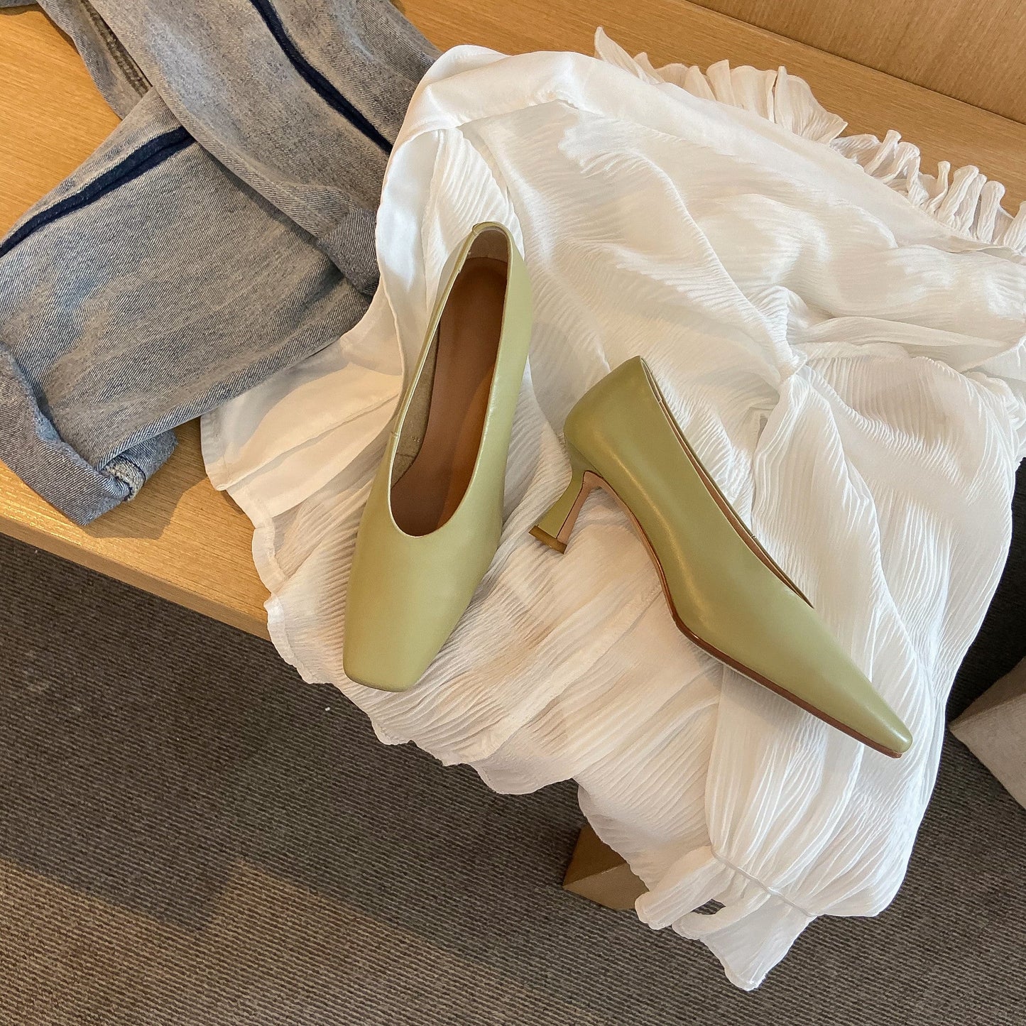 Nine Seven Women's Handmade Genuine Leather Square Toe Stiletto Mid Heels Slip On Stylish Pumps Shoes