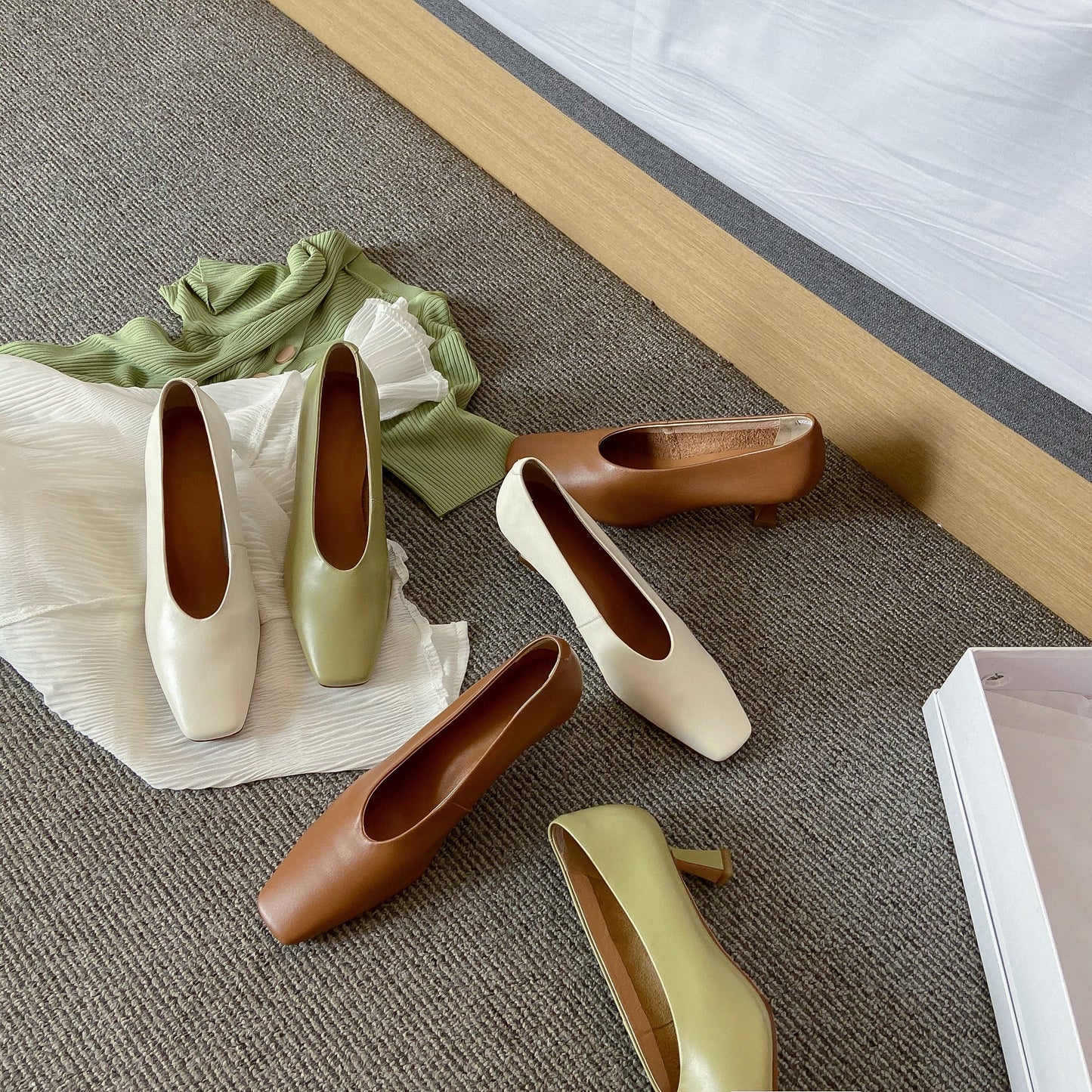 Nine Seven Women's Handmade Genuine Leather Square Toe Stiletto Mid Heels Slip On Stylish Pumps Shoes