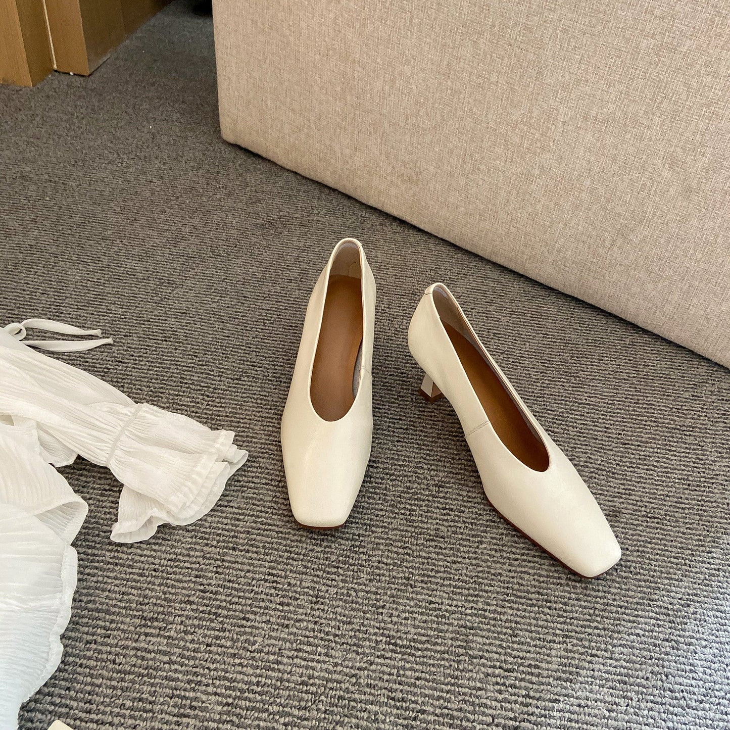 Nine Seven Women's Handmade Genuine Leather Square Toe Stiletto Mid Heels Slip On Stylish Pumps Shoes