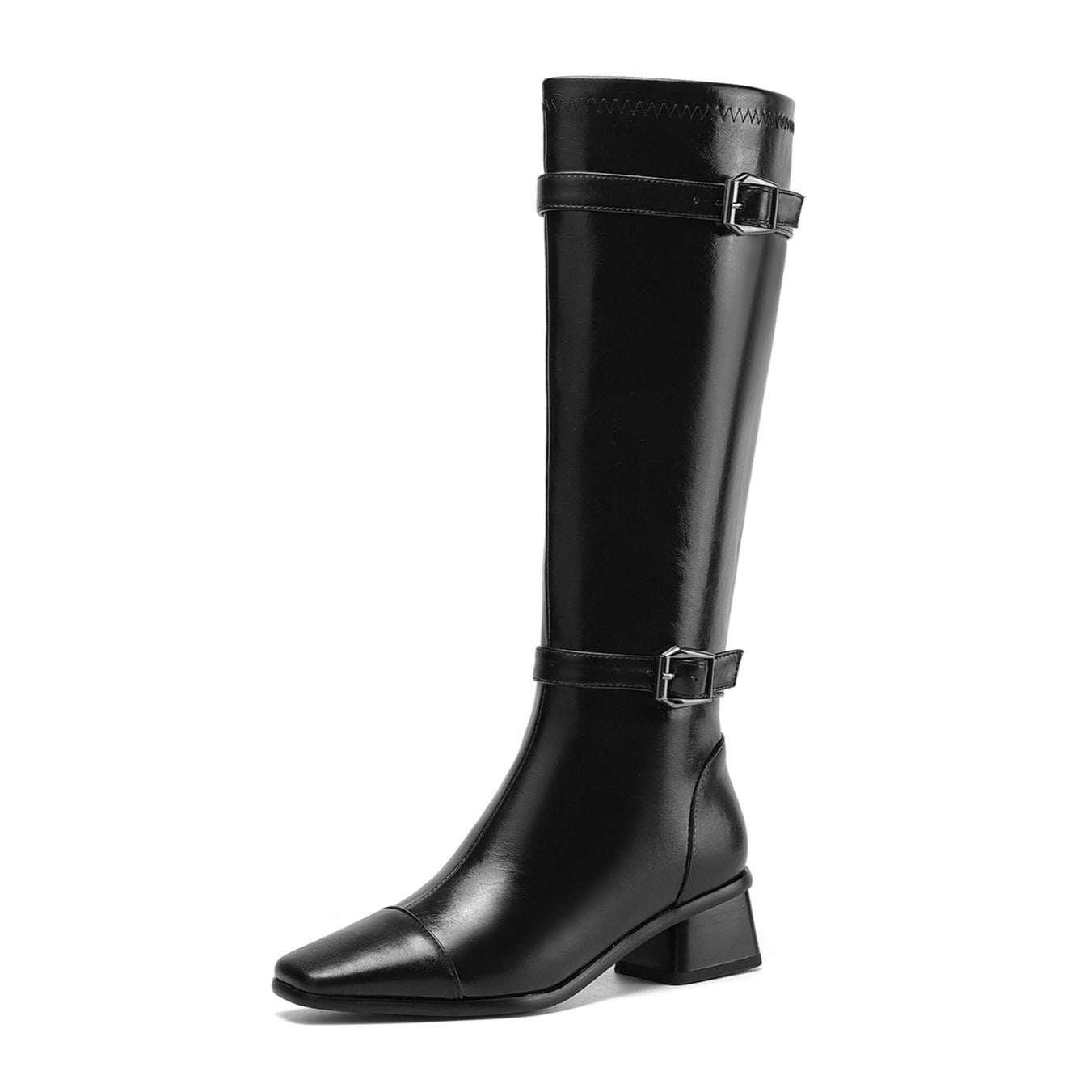 Nine Seven Women's Square Toe Genuine Leather Handmade Zipper Chunky Heels Trendy Knee High Boots with Buckles