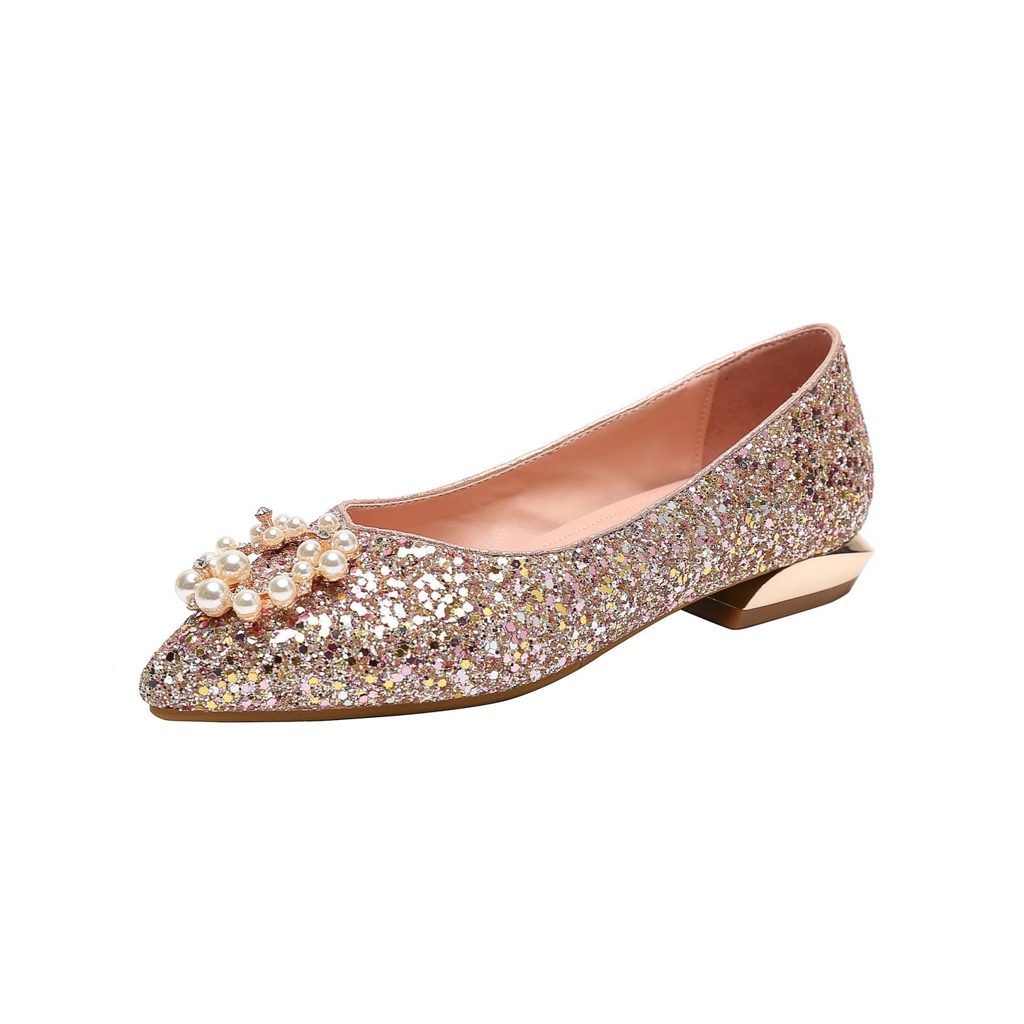 Nine Seven Women's Handmade Glitter Pointed Toe Pearls Pattern Slip On Flat Weeding Shoes