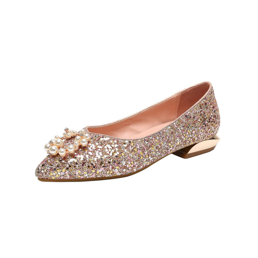 Nine Seven Women's Handmade Glitter Pointed Toe Pearls Pattern Slip On Flat Weeding Shoes