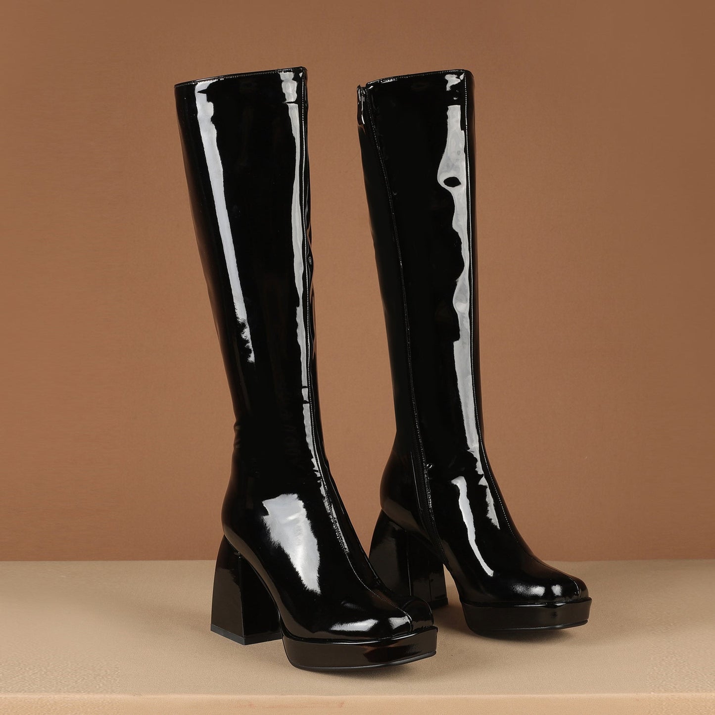 Nine Seven Women's Genuine/Patent Leather Square Toe Handmade Zipper Chunky Heels Chic Knee High Boots with Platform