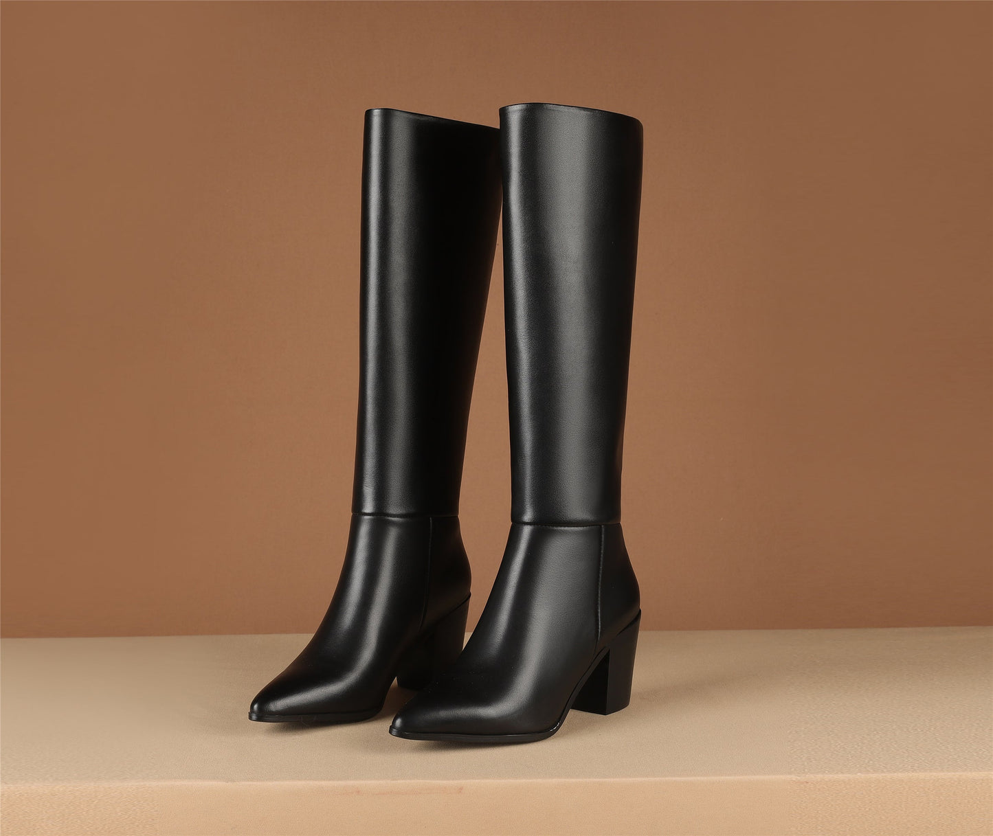 Nine Seven Pointed Toe Genuine Leather Handmade Chunky Heels Slip On Women's Classic Knee High Boots