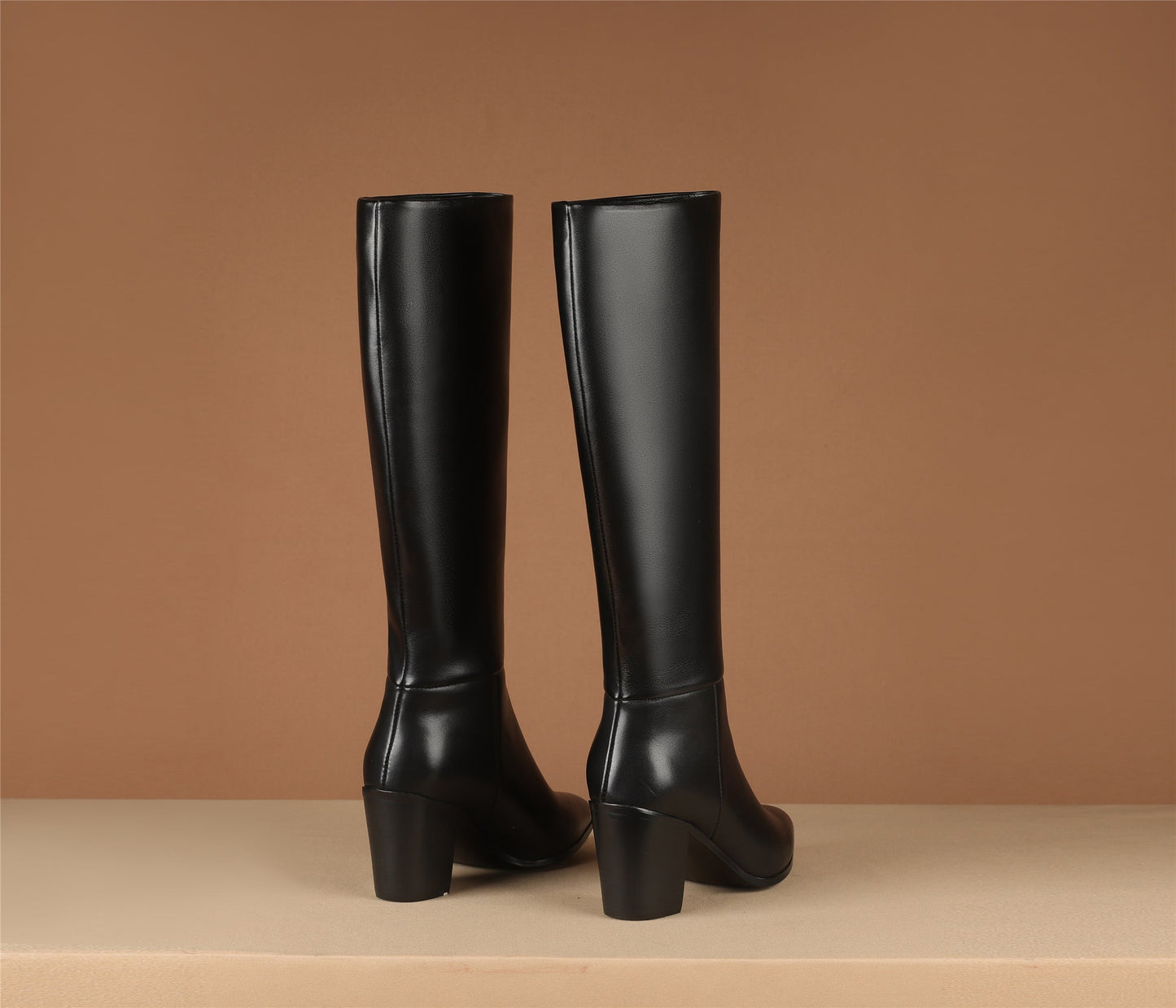 Nine Seven Pointed Toe Genuine Leather Handmade Chunky Heels Slip On Women's Classic Knee High Boots