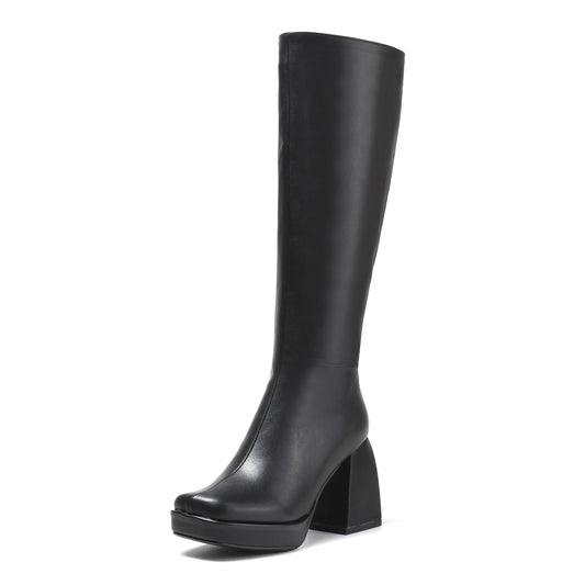 Nine Seven Women's Genuine/Patent Leather Square Toe Handmade Zipper Chunky Heels Chic Knee High Boots with Platform