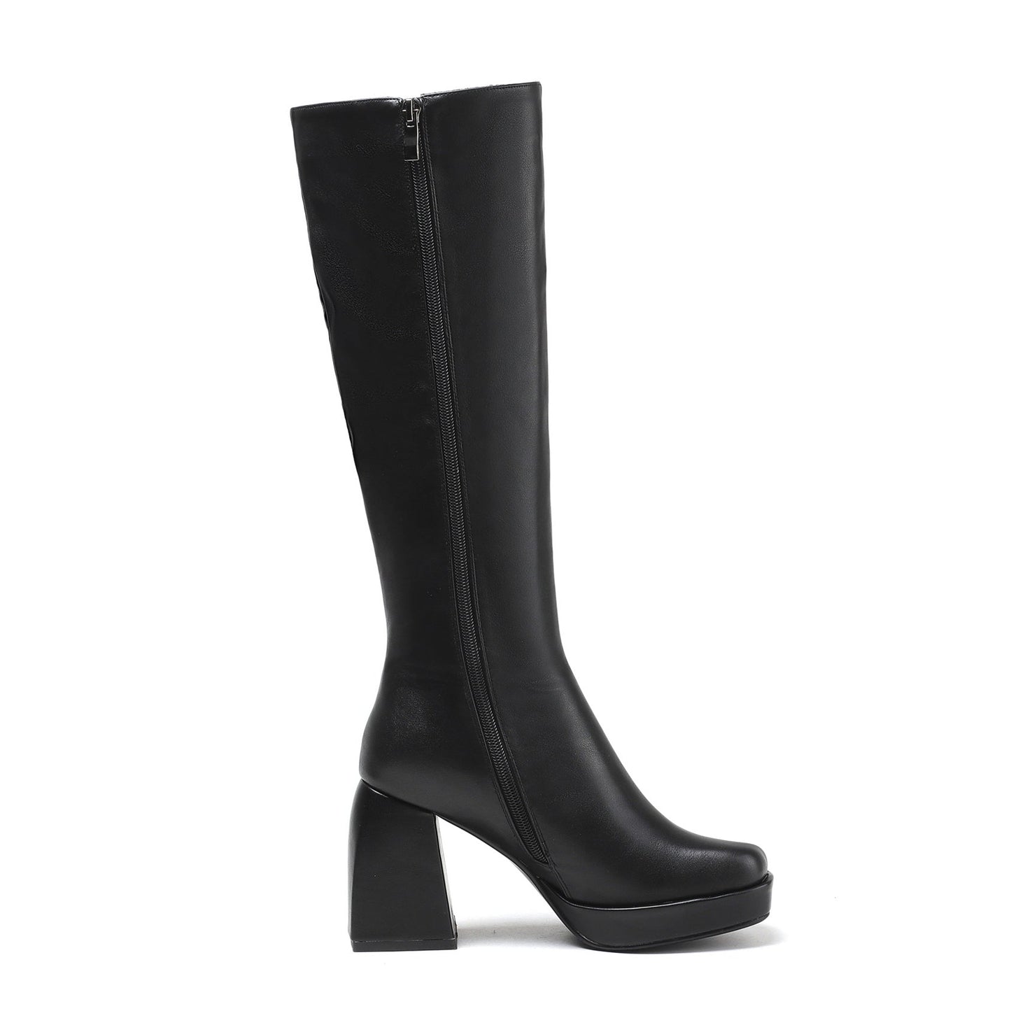 Nine Seven Women's Genuine/Patent Leather Square Toe Handmade Zipper Chunky Heels Chic Knee High Boots with Platform