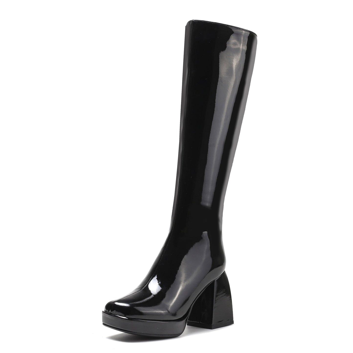 Nine Seven Women's Genuine/Patent Leather Square Toe Handmade Zipper Chunky Heels Chic Knee High Boots with Platform