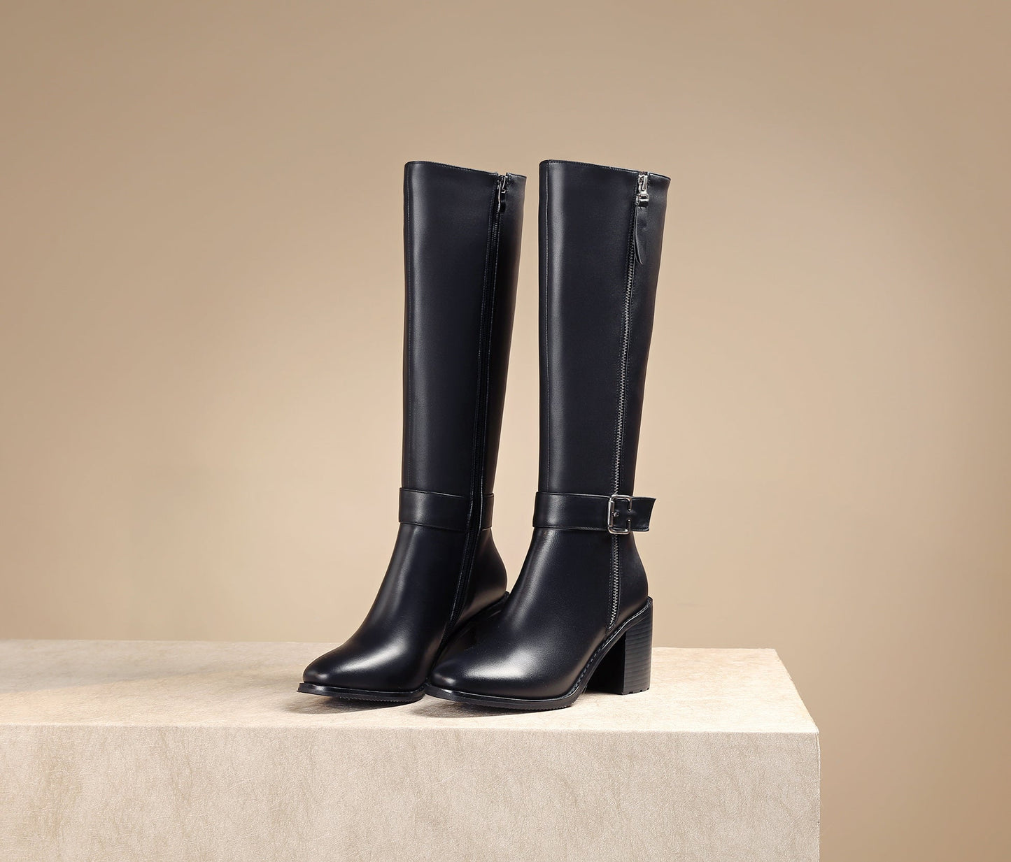 Nine Seven Women's Genuine Leather Round Toe Handmade Buckled Dual Zippers High Chunky Heels Stylish Knee High Boots