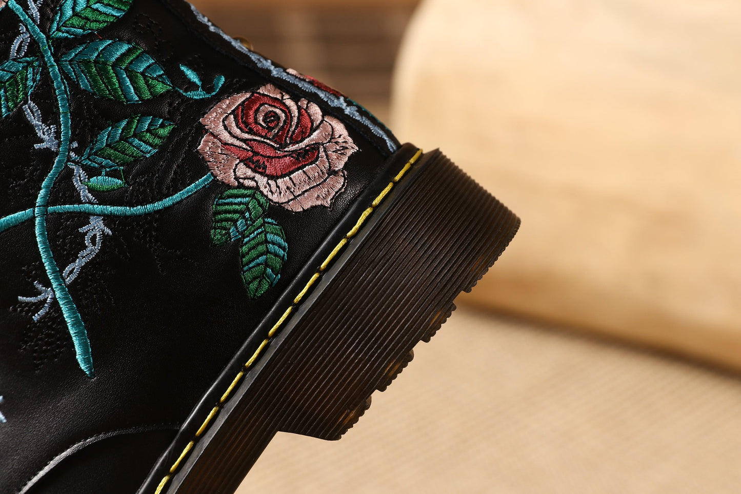 Nine Seven Handmade Women's Genuine Leather Ethnic Embroidered Floral Round Toe Low Chunky Heel Front Lace Up Combat Boots