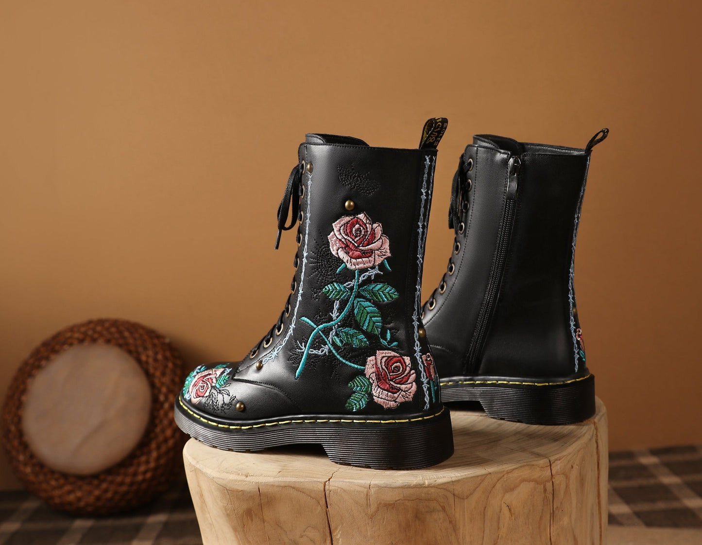 Nine Seven Handmade Women's Genuine Leather Ethnic Embroidered Floral Round Toe Low Chunky Heel Front Lace Up Combat Boots