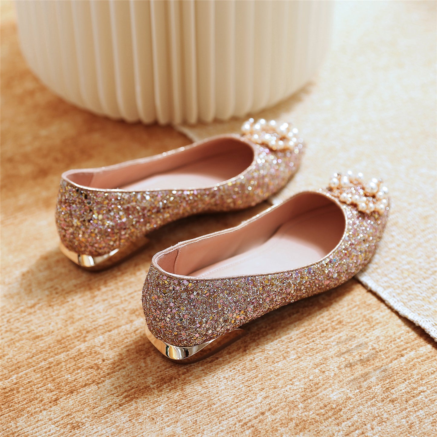 Nine Seven Women's Handmade Glitter Pointed Toe Pearls Pattern Slip On Flat Weeding Shoes