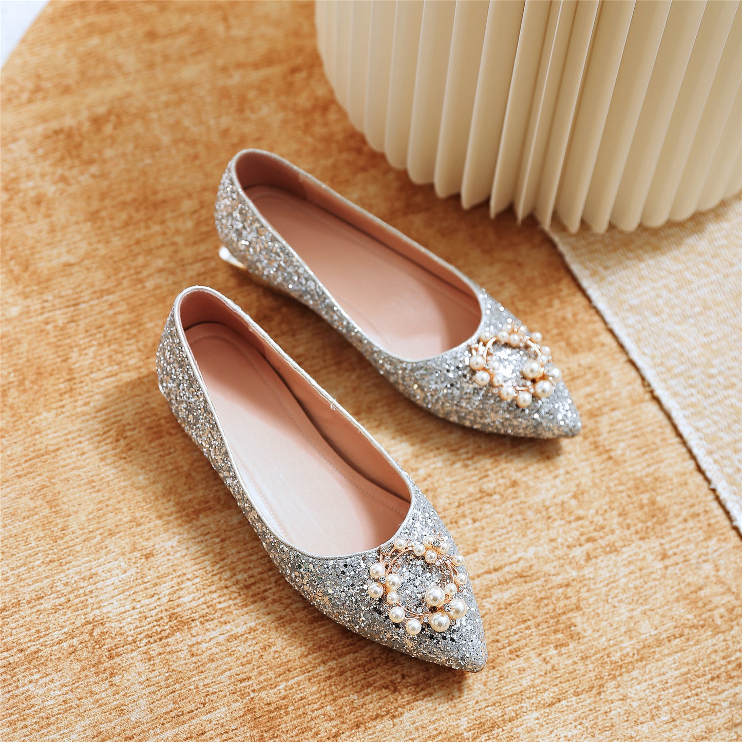 Nine Seven Women's Handmade Glitter Pointed Toe Pearls Pattern Slip On Flat Weeding Shoes