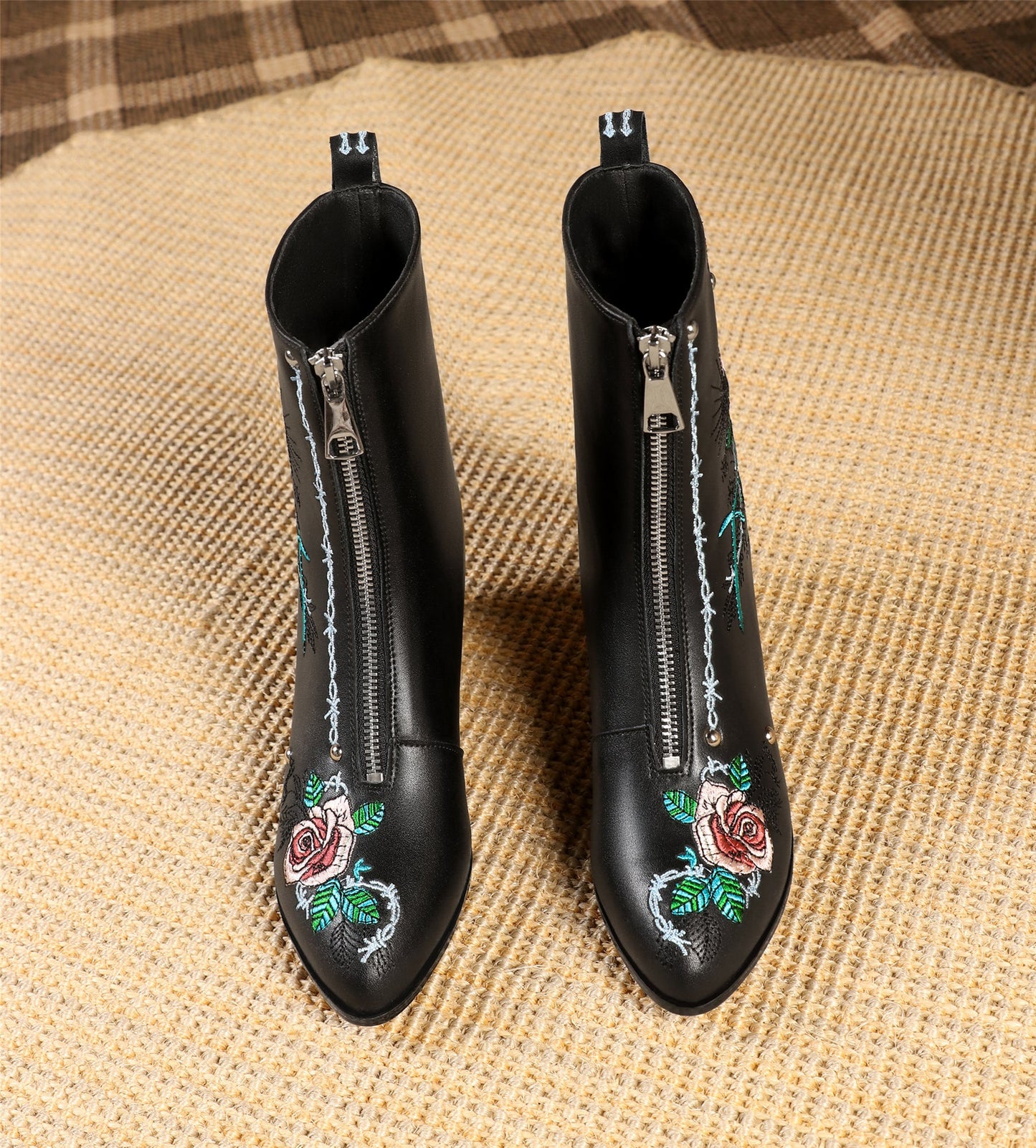 Nine Seven Handmade Women's Genuine Leather Ethnic Embroidered Floral Pointed Toe Low Chunky Heel Front Zipper Mid-Calf Boots