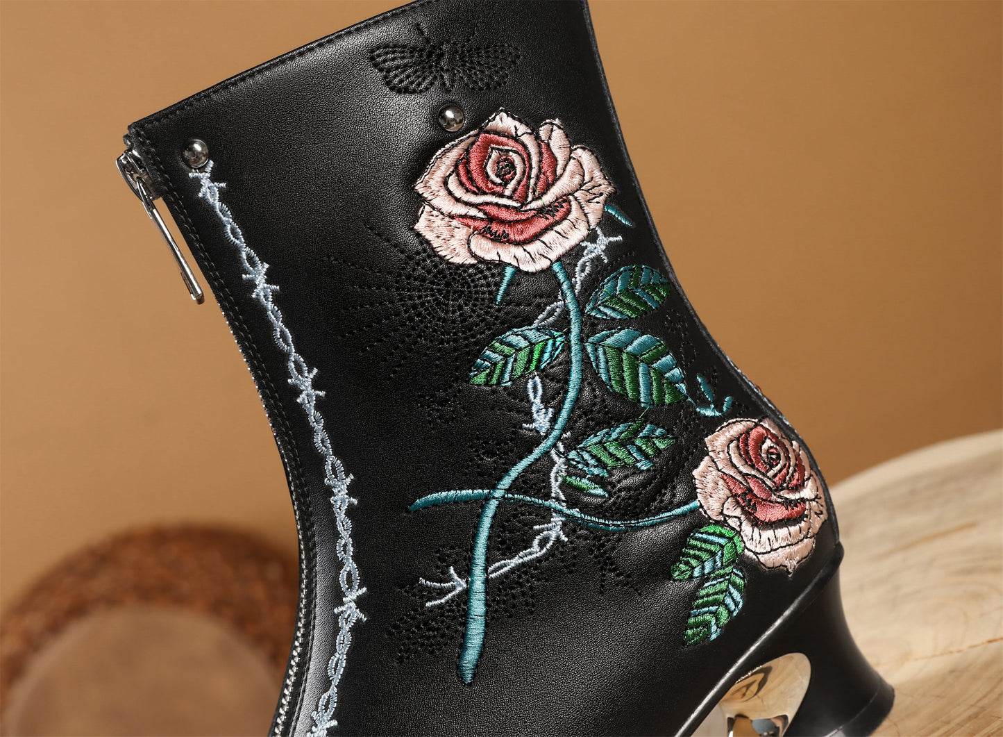 Nine Seven Handmade Women's Genuine Leather Ethnic Embroidered Floral Pointed Toe Low Chunky Heel Front Zipper Mid-Calf Boots