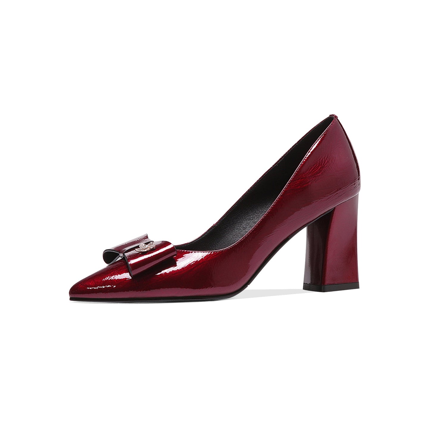 Nine Seven Women's Handmade Glossy Patent Leather Pointed Toe High Block Heel Slip On Modern Pumps with Bowknot and Litter Flower Decor