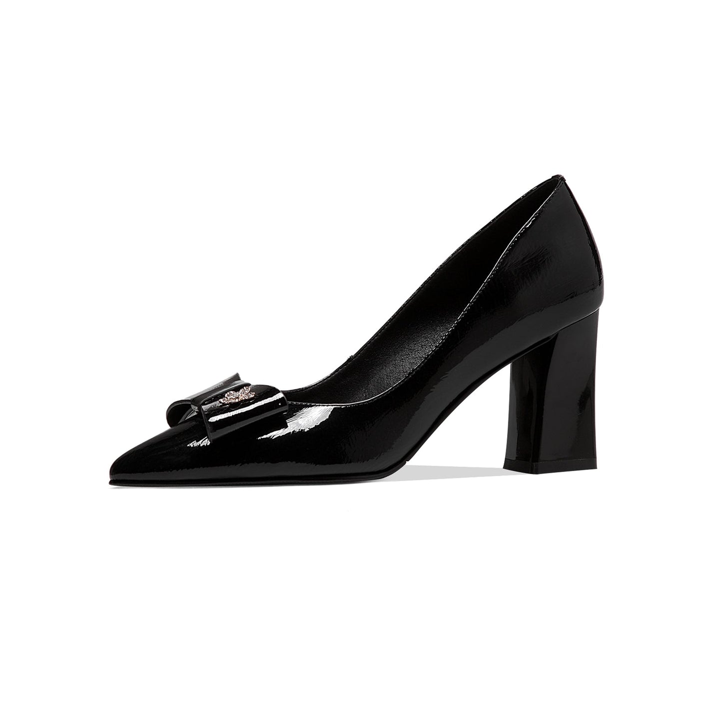 Nine Seven Women's Handmade Glossy Patent Leather Pointed Toe High Block Heel Slip On Modern Pumps with Bowknot and Litter Flower Decor