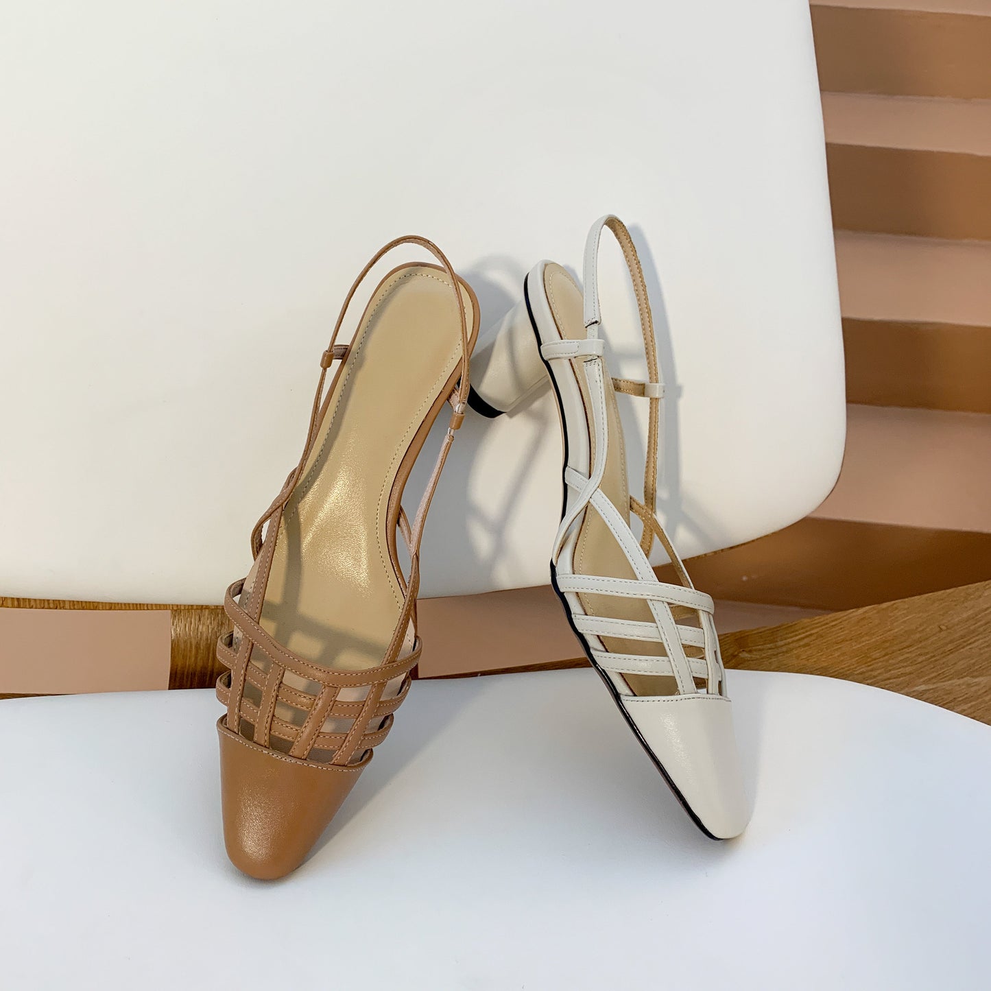 Nine Seven Genuine Leather Women's Handmade Closed Square Toe Chunky Heel Slingback Slip On Sandal Pumps