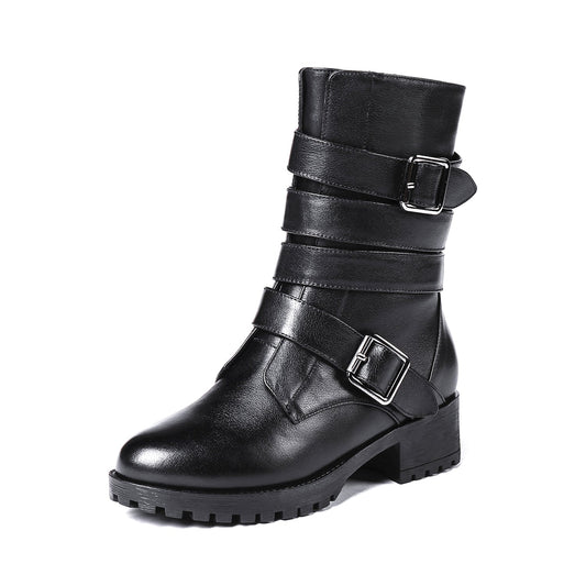 Nine Seven Women's Round Toe Genuine Leather Handmade Buckle Belt Zip Up Chic Mid Calf Boots