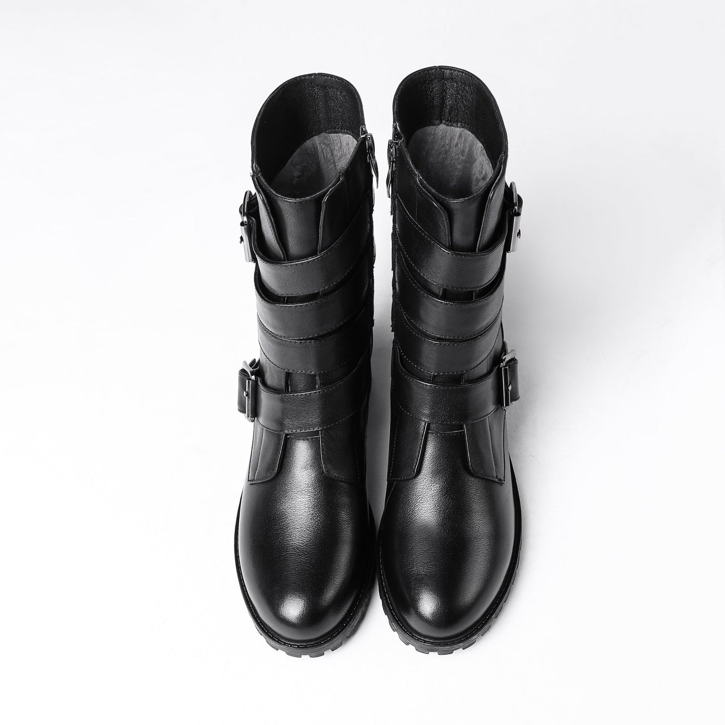 Nine Seven Women's Round Toe Genuine Leather Handmade Buckle Belt Zip Up Chic Mid Calf Boots