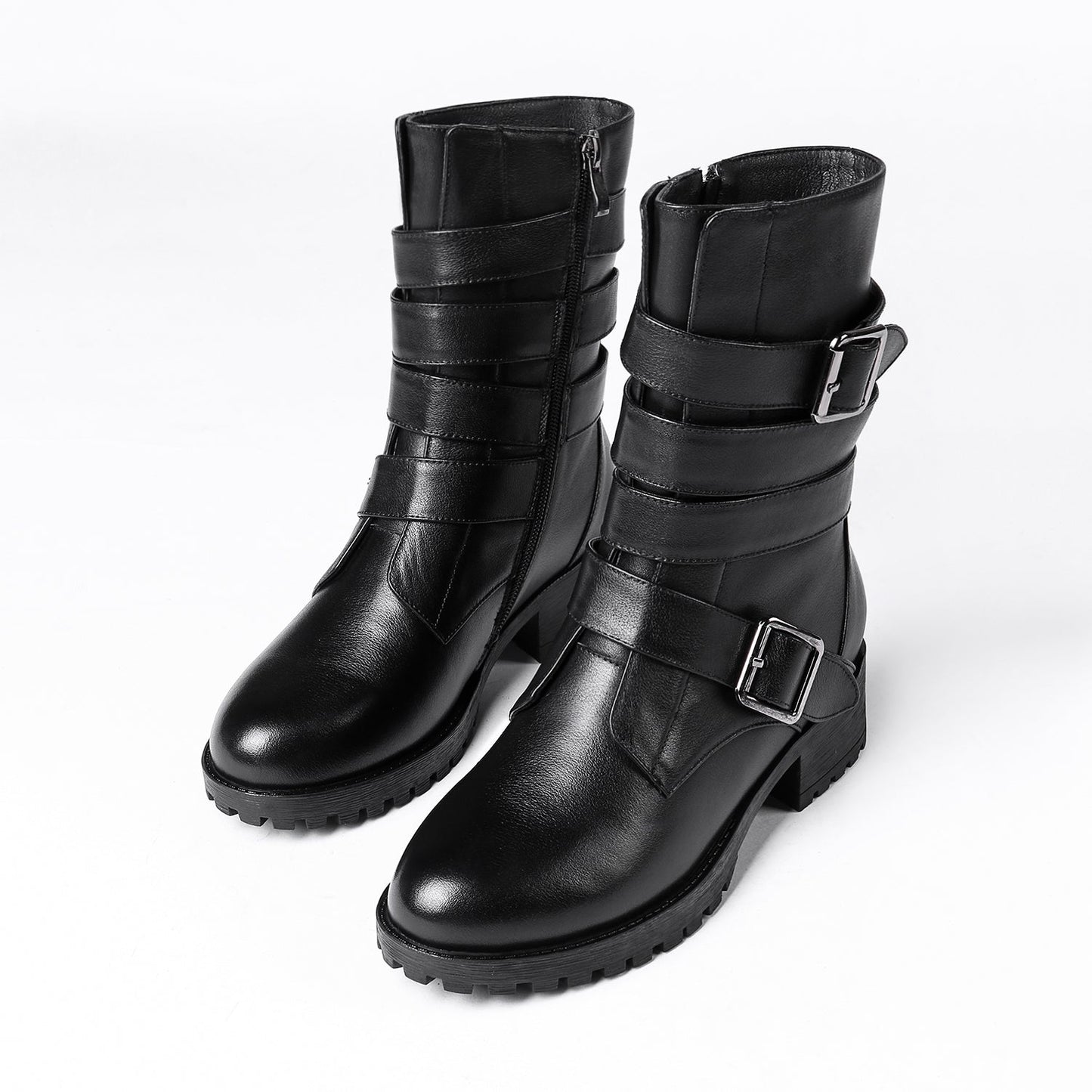 Nine Seven Women's Round Toe Genuine Leather Handmade Buckle Belt Zip Up Chic Mid Calf Boots