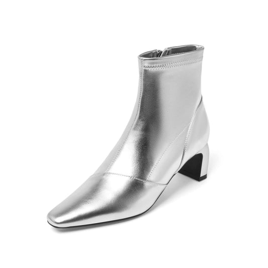 Nine Seven Handmade Women's Sexy Stretch Leather Side Zipper Pointed Toe Mid Block Heel Boots