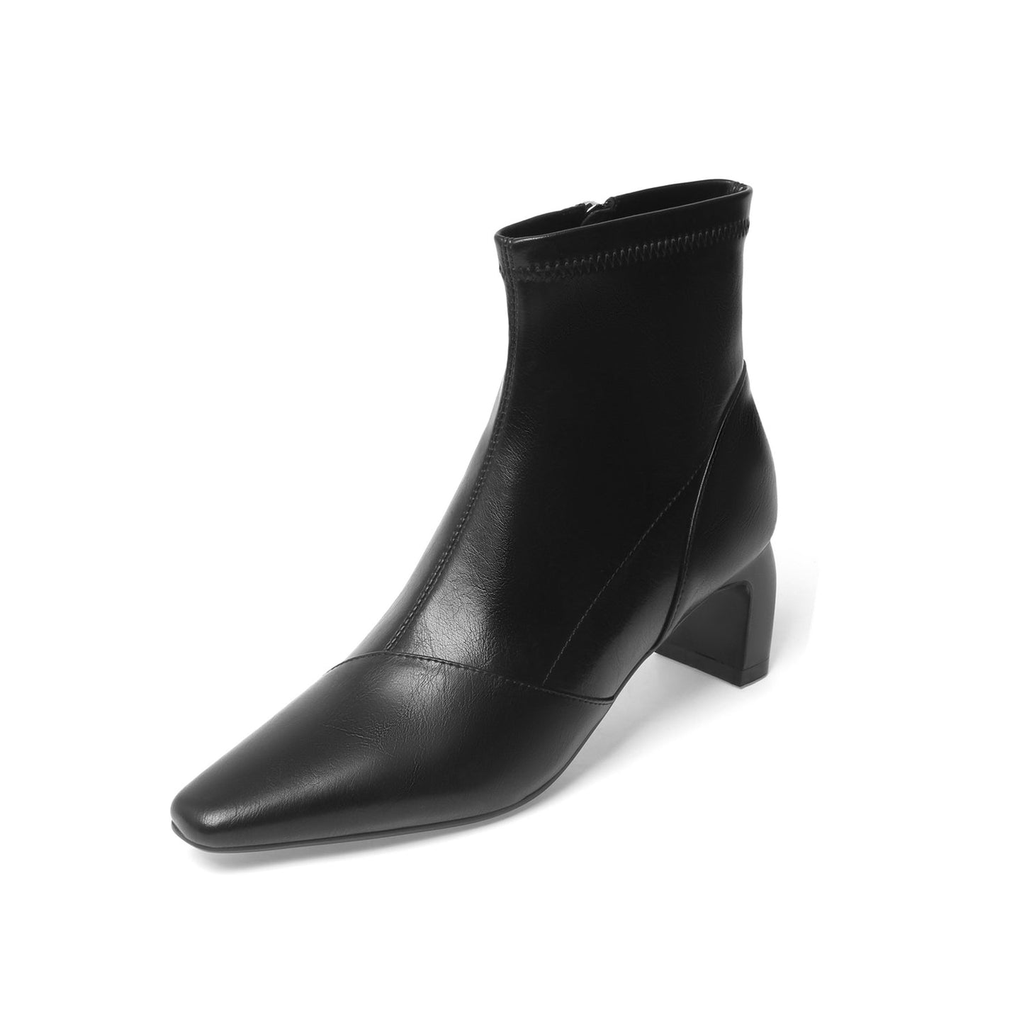 Nine Seven Handmade Women's Sexy Stretch Leather Side Zipper Pointed Toe Mid Block Heel Boots