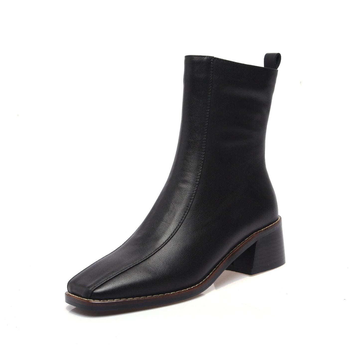 Nine Seven Women's Genuine Leather Square Toe Side Zip Up Handmade Low Chunky Heel Chic Mid-Calf Boots