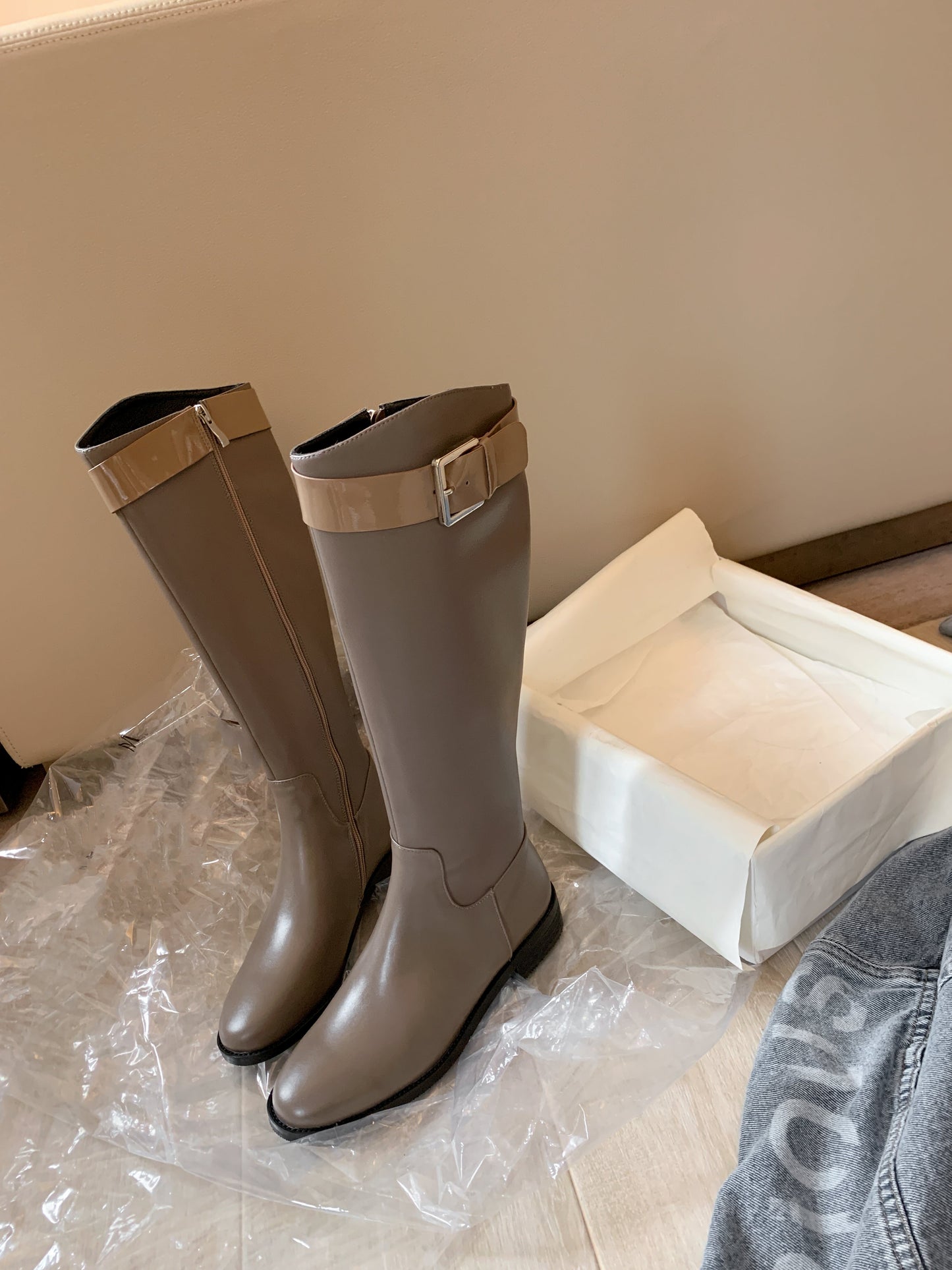 Nine Seven Women's Handmade Genuine Leather Round Toe Low Block Heel Side Zip Up Patent Belt Decor Knee High Riding Boots