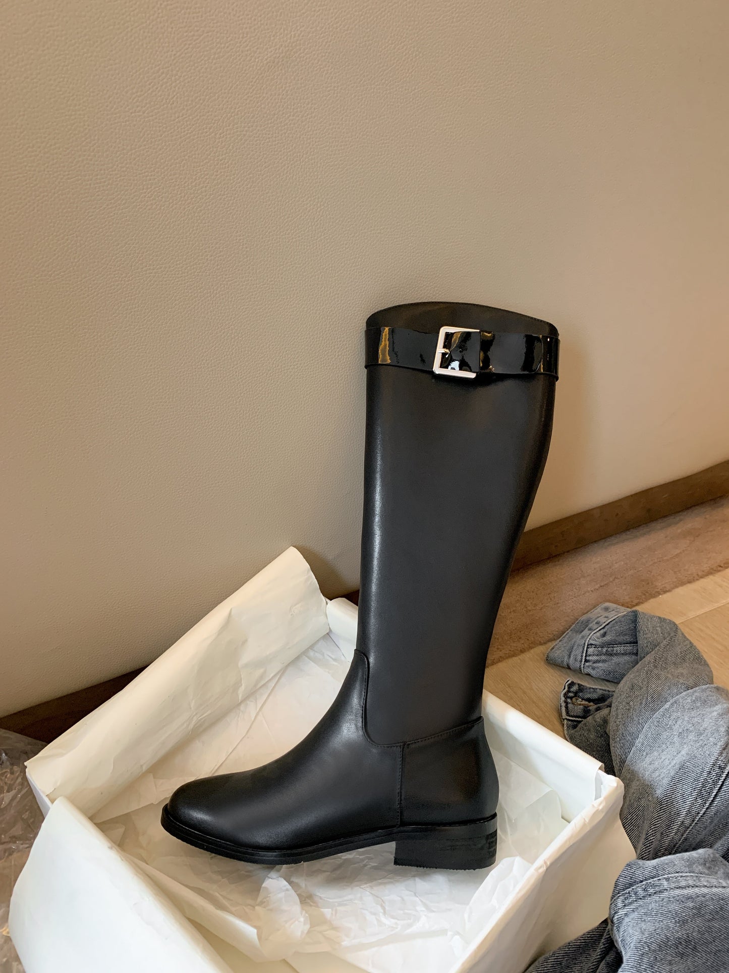 Nine Seven Women's Handmade Genuine Leather Round Toe Low Block Heel Side Zip Up Patent Belt Decor Knee High Riding Boots