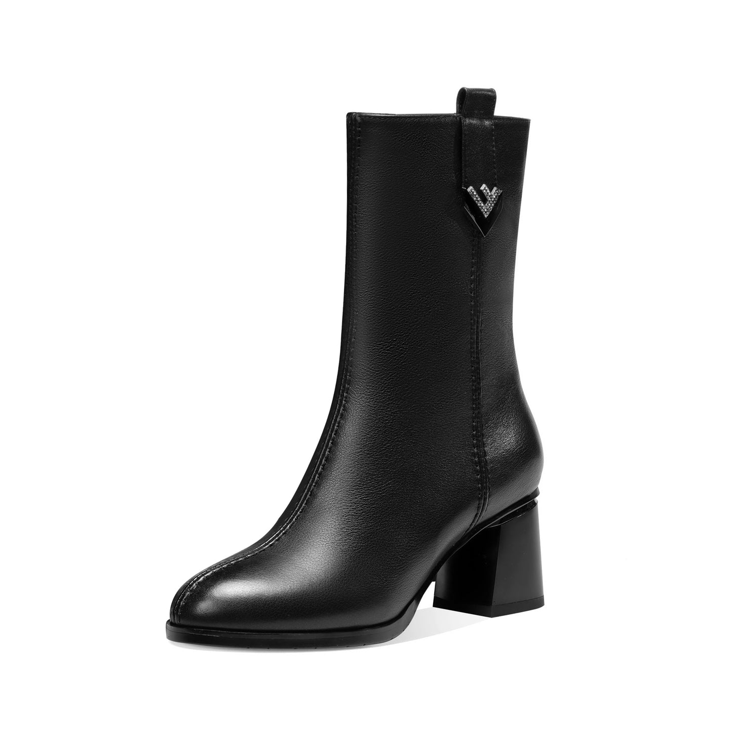 Nine Seven Women's Genuine Leather Handmade Round Toe Side Zipper Chunky Heel Stylish Mid Calf Boots