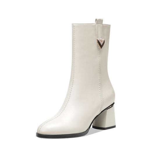 Nine Seven Women's Genuine Leather Handmade Round Toe Side Zipper Chunky Heel Stylish Mid Calf Boots