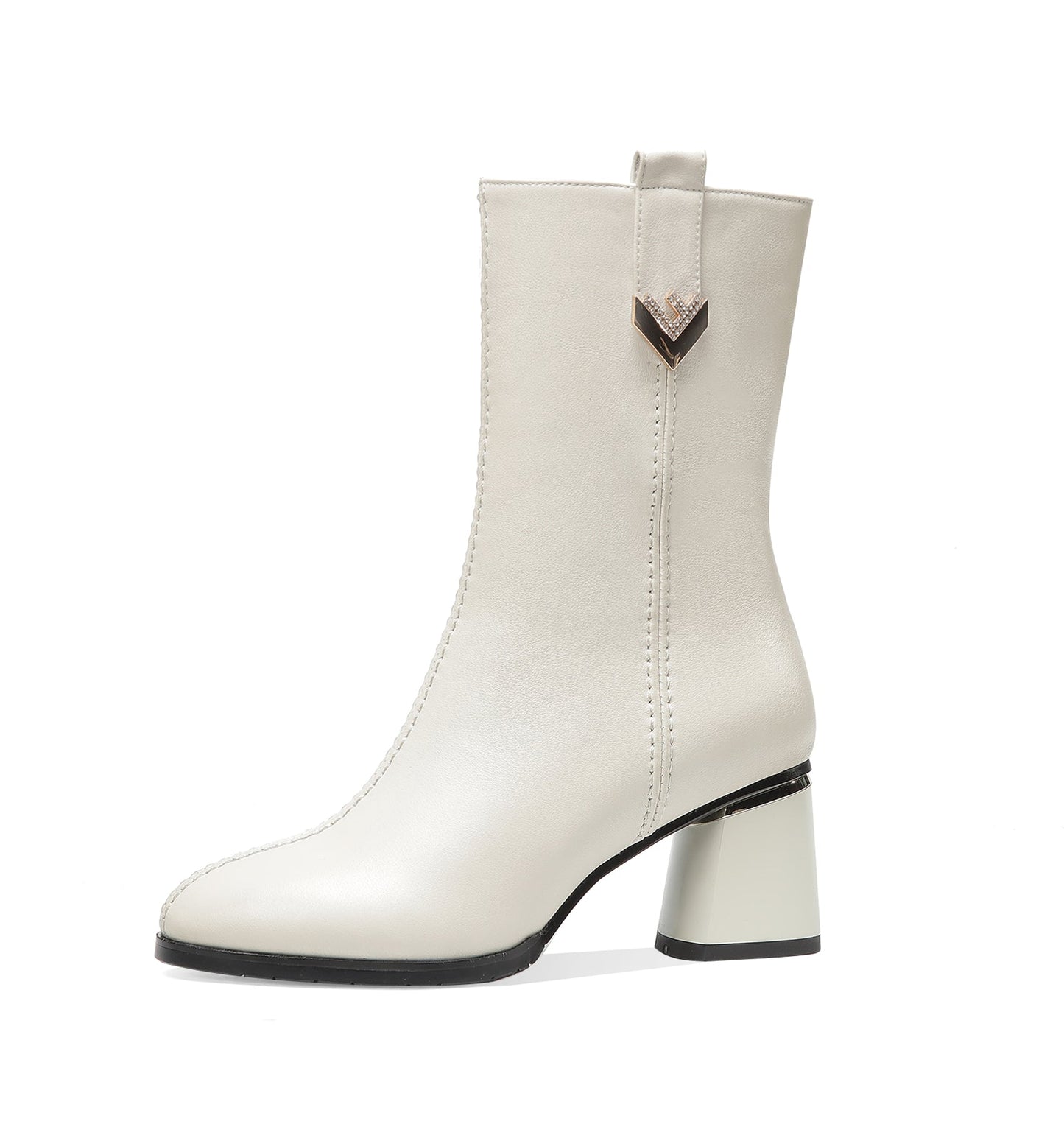 Nine Seven Women's Genuine Leather Handmade Round Toe Side Zipper Chunky Heel Stylish Mid Calf Boots