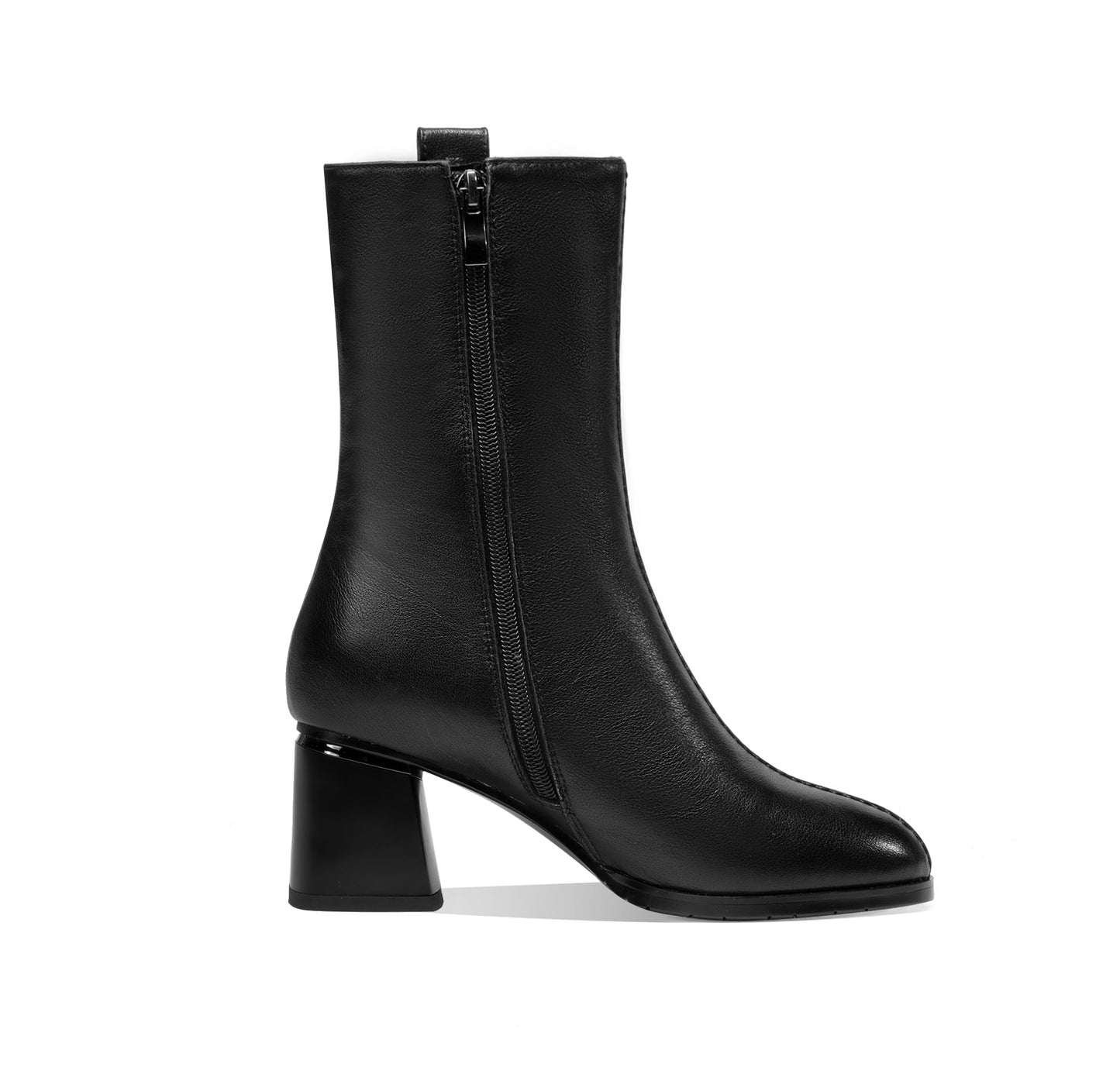 Nine Seven Women's Genuine Leather Handmade Round Toe Side Zipper Chunky Heel Stylish Mid Calf Boots