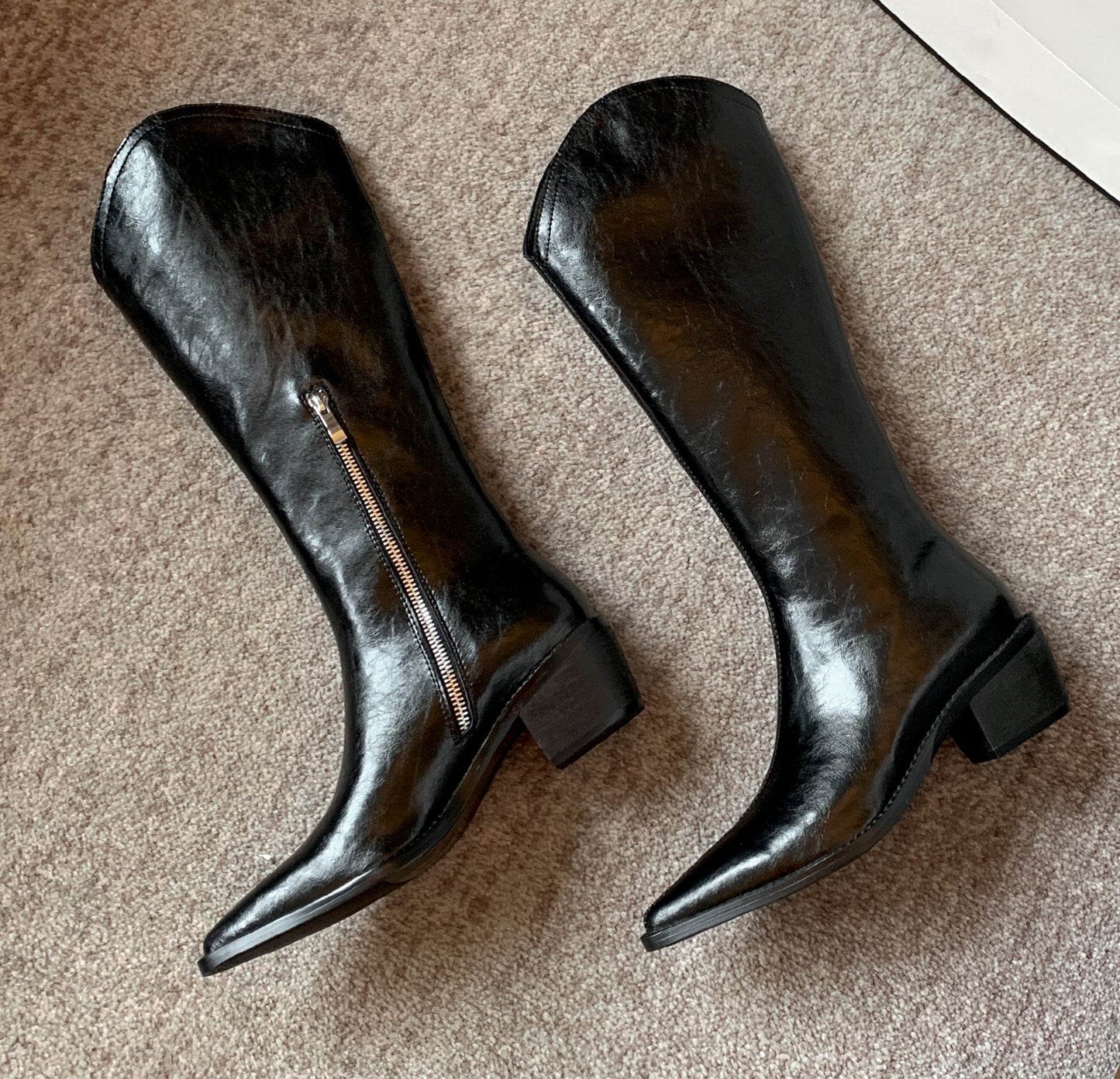 Nine Seven Women's Handmade Genuine Leather Pointed Toe Comfort Mid Block Heel Side Half Zip Up Cowboy Knee High Boots