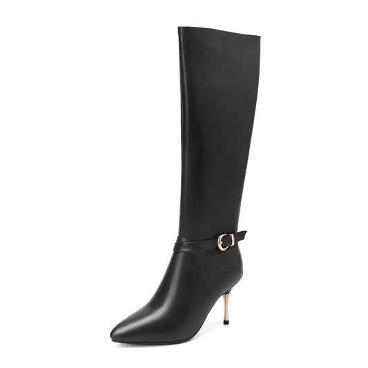 Nine Seven Women's Genuine Leather Sexy Pointed Toe High Stiletto Heel Handmade Side Zip Knee High Boots with Buckle