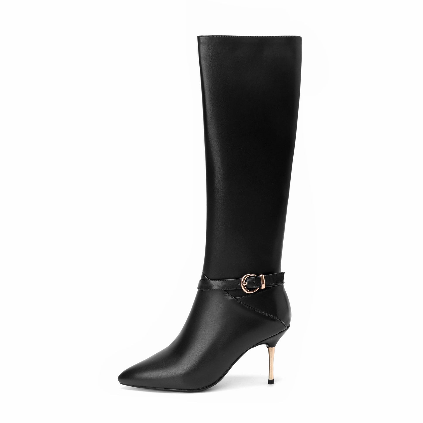 Nine Seven Women's Genuine Leather Sexy Pointed Toe High Stiletto Heel Handmade Side Zip Knee High Boots with Buckle