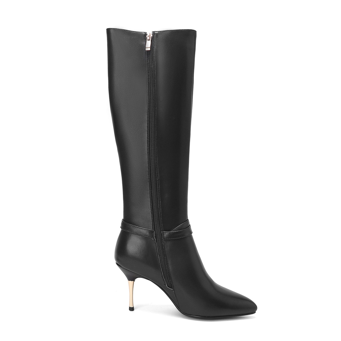 Nine Seven Women's Genuine Leather Sexy Pointed Toe High Stiletto Heel Handmade Side Zip Knee High Boots with Buckle