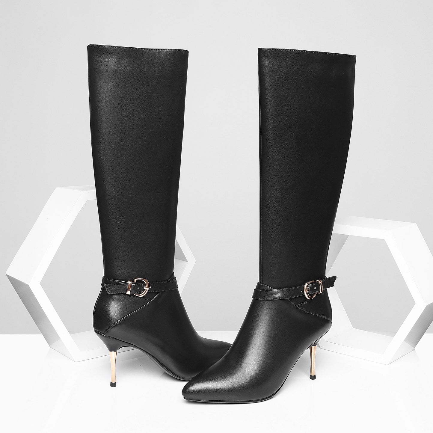 Nine Seven Women's Genuine Leather Sexy Pointed Toe High Stiletto Heel Handmade Side Zip Knee High Boots with Buckle