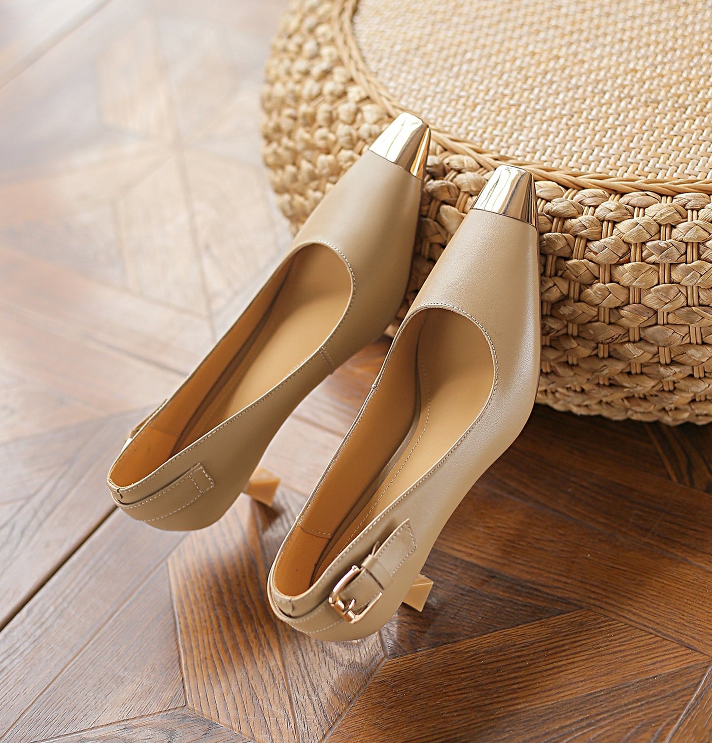 Nine Seven Genuine Leather Women's Handmade Mid Heel Metal Toe Slip On Pumps with Buckle Design