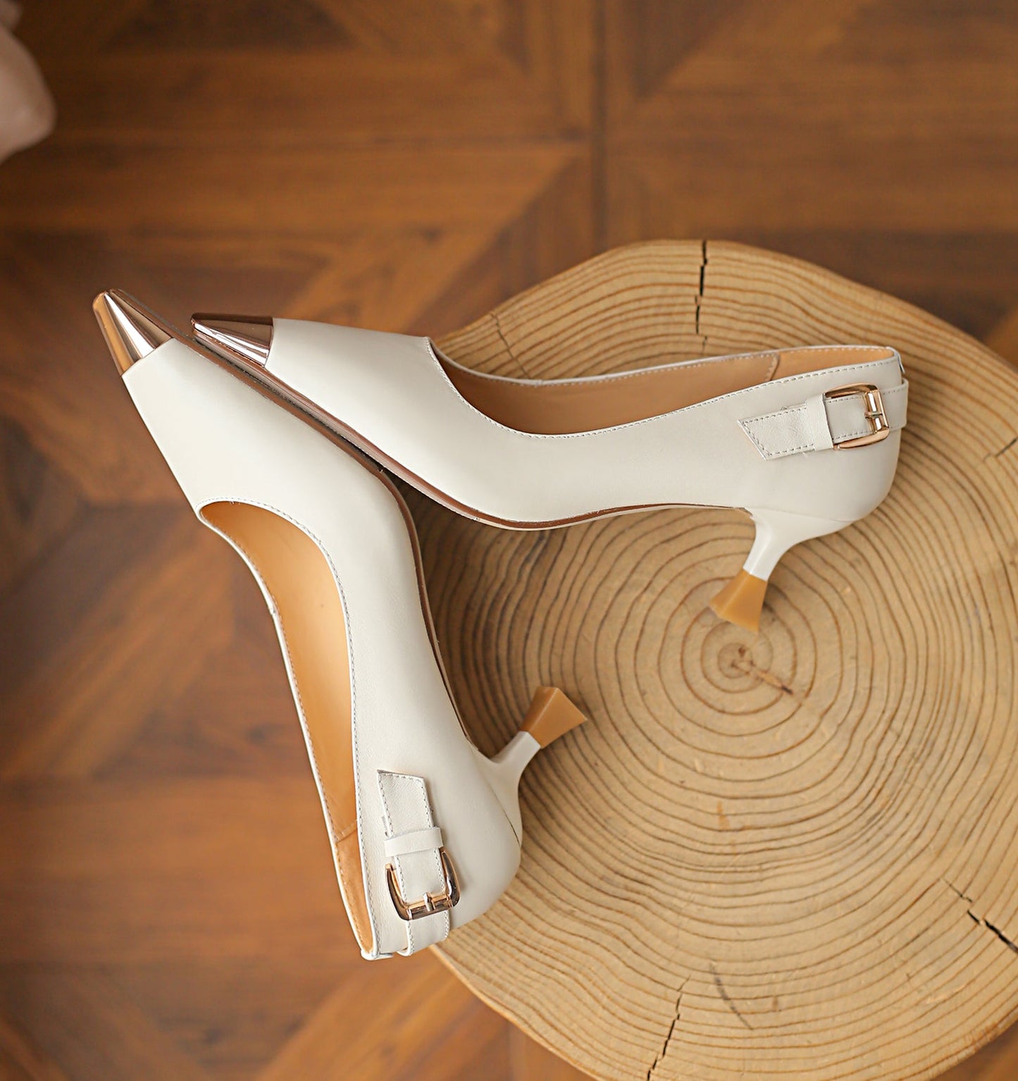 Nine Seven Genuine Leather Women's Handmade Mid Heel Metal Toe Slip On Pumps with Buckle Design