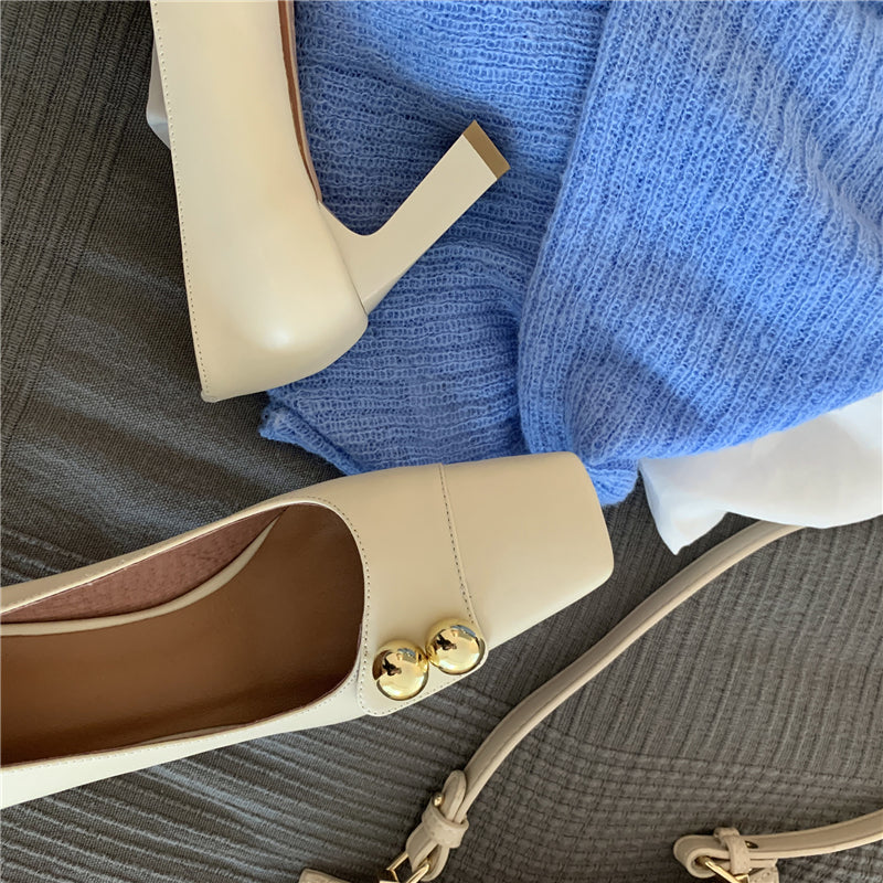 Nine Seven Women's Genuine Leather Square Toe Handmade Mid Brick Heels Slip On Fashion Pumps Shoes