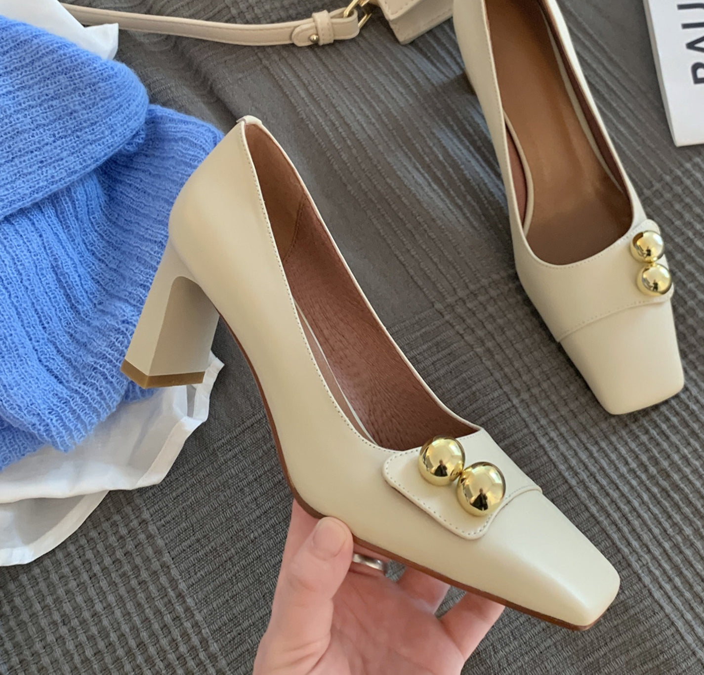 Nine Seven Women's Genuine Leather Square Toe Handmade Mid Brick Heels Slip On Fashion Pumps Shoes