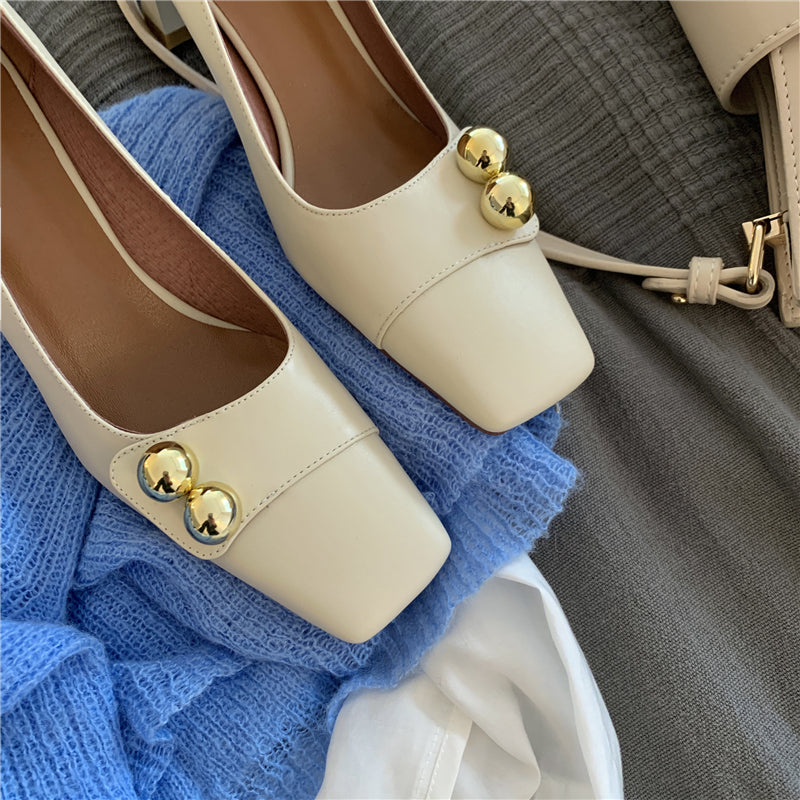 Nine Seven Women's Genuine Leather Square Toe Handmade Mid Brick Heels Slip On Fashion Pumps Shoes