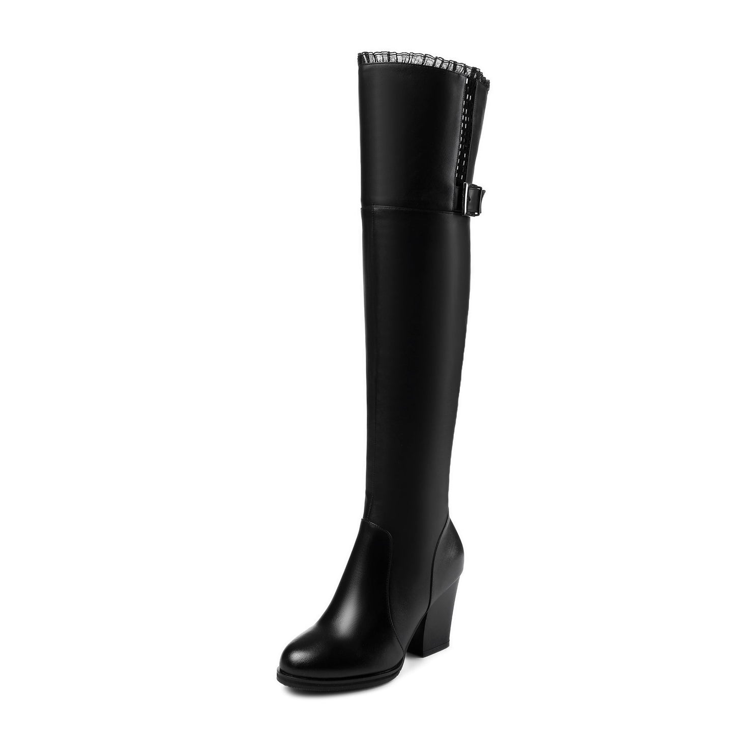 Nine Seven Genuine Leather Women's Handmade Round Toe Side Zip Up High Chunky Heel Over the Knee Boots with Cool Buckle