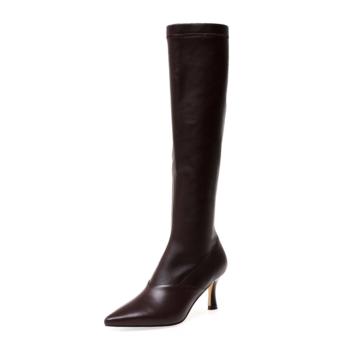 Nine Seven Women's Handmade Genuine Leather with Elastic Fabric Pointed Toe Side Zip Mid Heel Stylish Knee High Boots