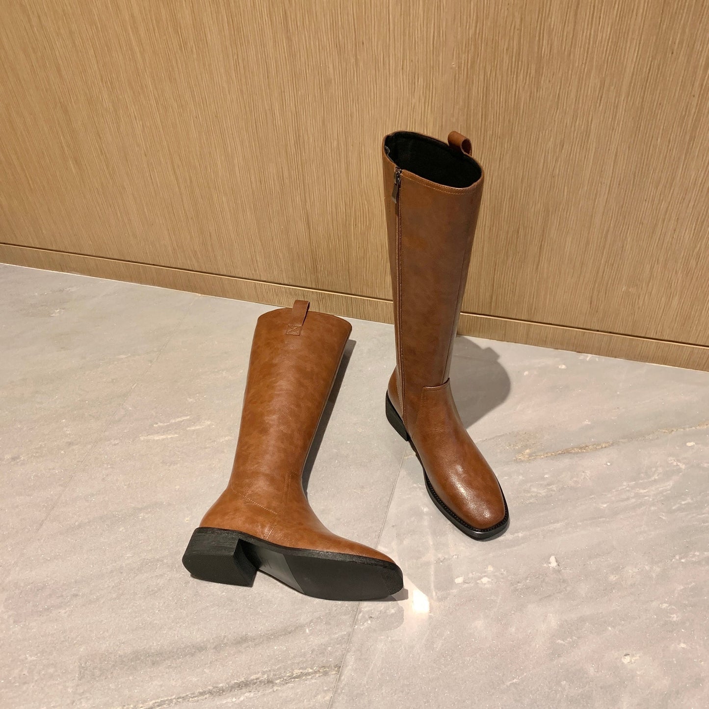 Nine Seven Women's Handmade Genuine Leather Round Toe Low Block Heel Side Zip Up Western Style Knee High Riding Boots