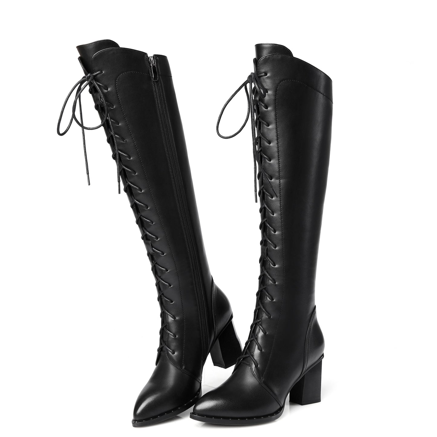 Nine Seven Women's Genuine Leather Pointed Toe Sylish Sleftie Handmade Side Zipper Mid Chunky Heel Knee High Boots