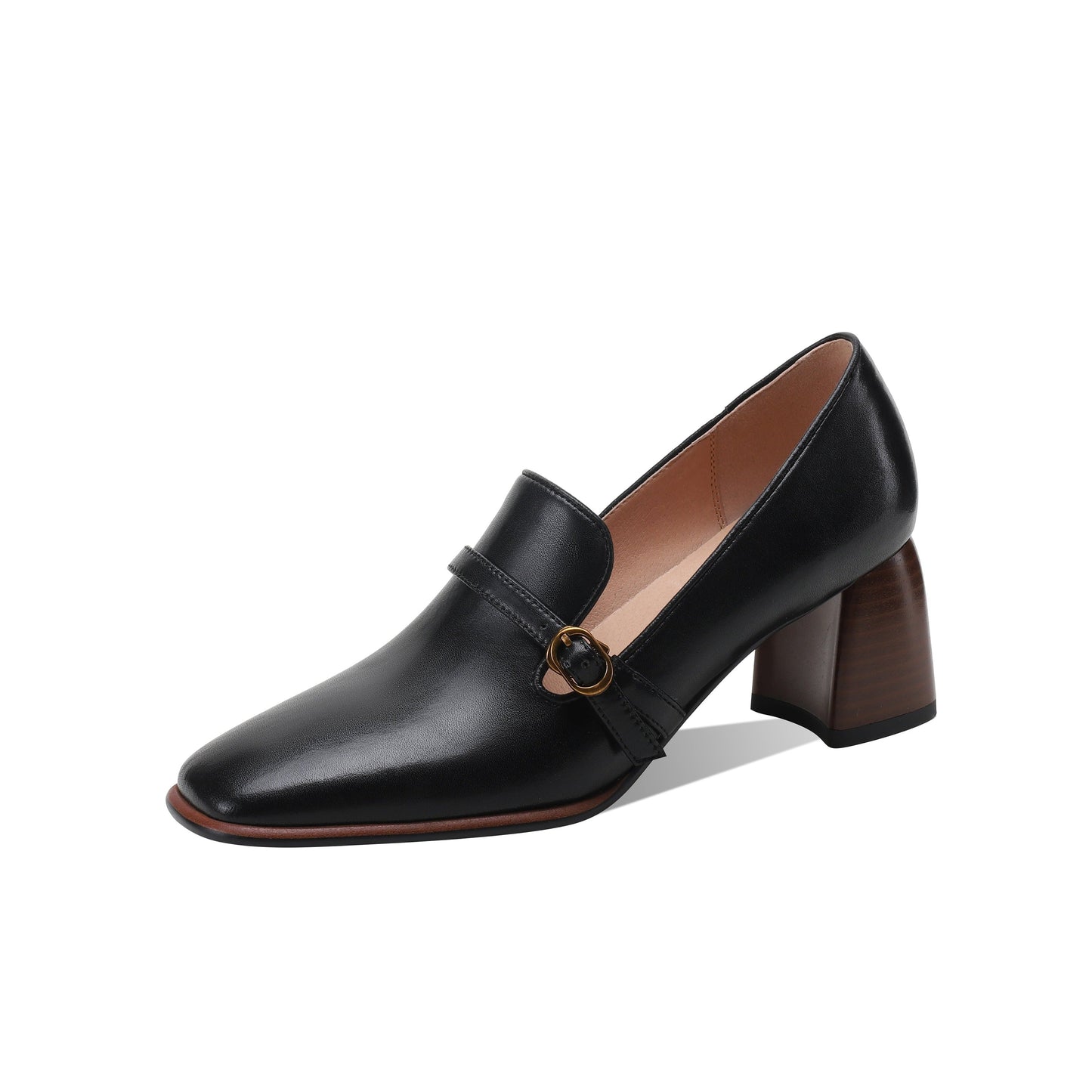 Nine Seven Women's Genuine Leather Square Toe Handmade Buckle Mid Chunky Heels Vintage Pumps Shoes